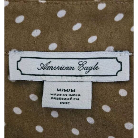 American Eagle Womans Size M Blouse Brown White Polka Dot Peplum Hem Front Tie - Picture 5 of 7